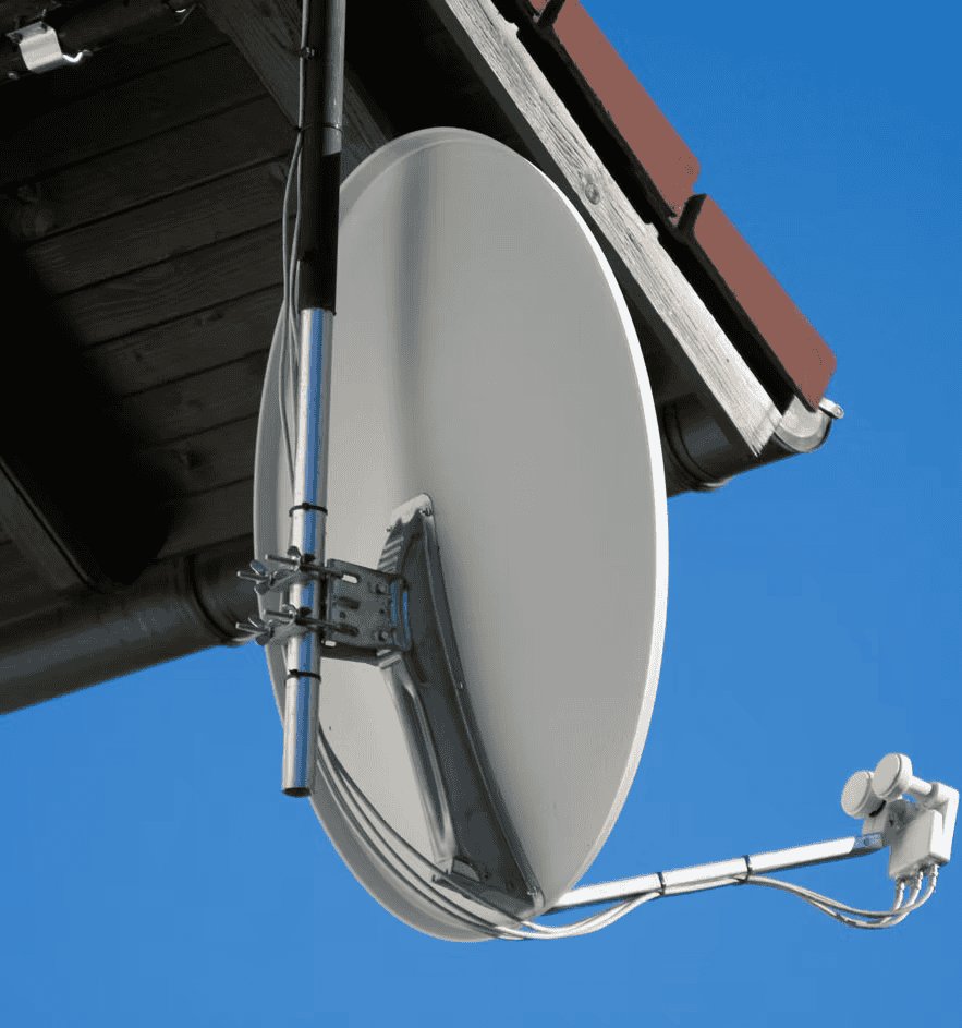 Satellite dish installation on residential building in clear blue sky, provided by local TV and satellite specialists.